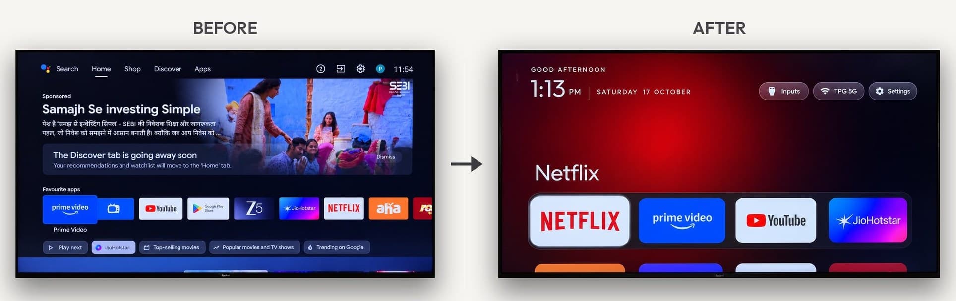 Antes y después de una TV con Android TV: a la izquierda, el inicio con un anuncio patrocinado; a la derecha, el inicio limpio de CleanYourTV